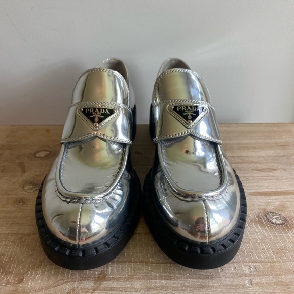 Prada Shoes - Prada Silver Metallic Leather Loafers
